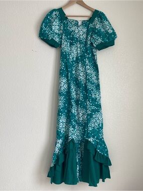 Vintage Rainbow Hawaii ruffle maxi hawaiian mu'u mu'u, green/white, M